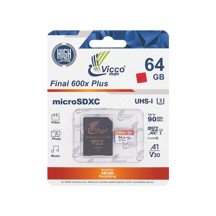رم 64 گیگ ویکومن مدل Extra 600X کلاس 10 استاندارد UHS-I U3 سرعت 90MBps ظرفیت 64 گیگابایت+خشاب